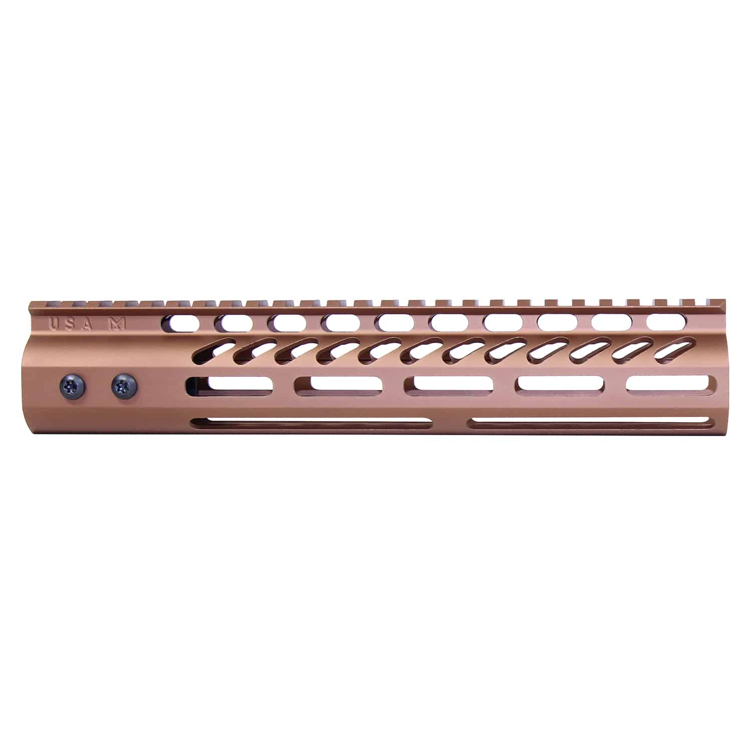 Anodized Bronze 10-inch M-LOK free floating handguard with monolithic top rail and USA M stamp