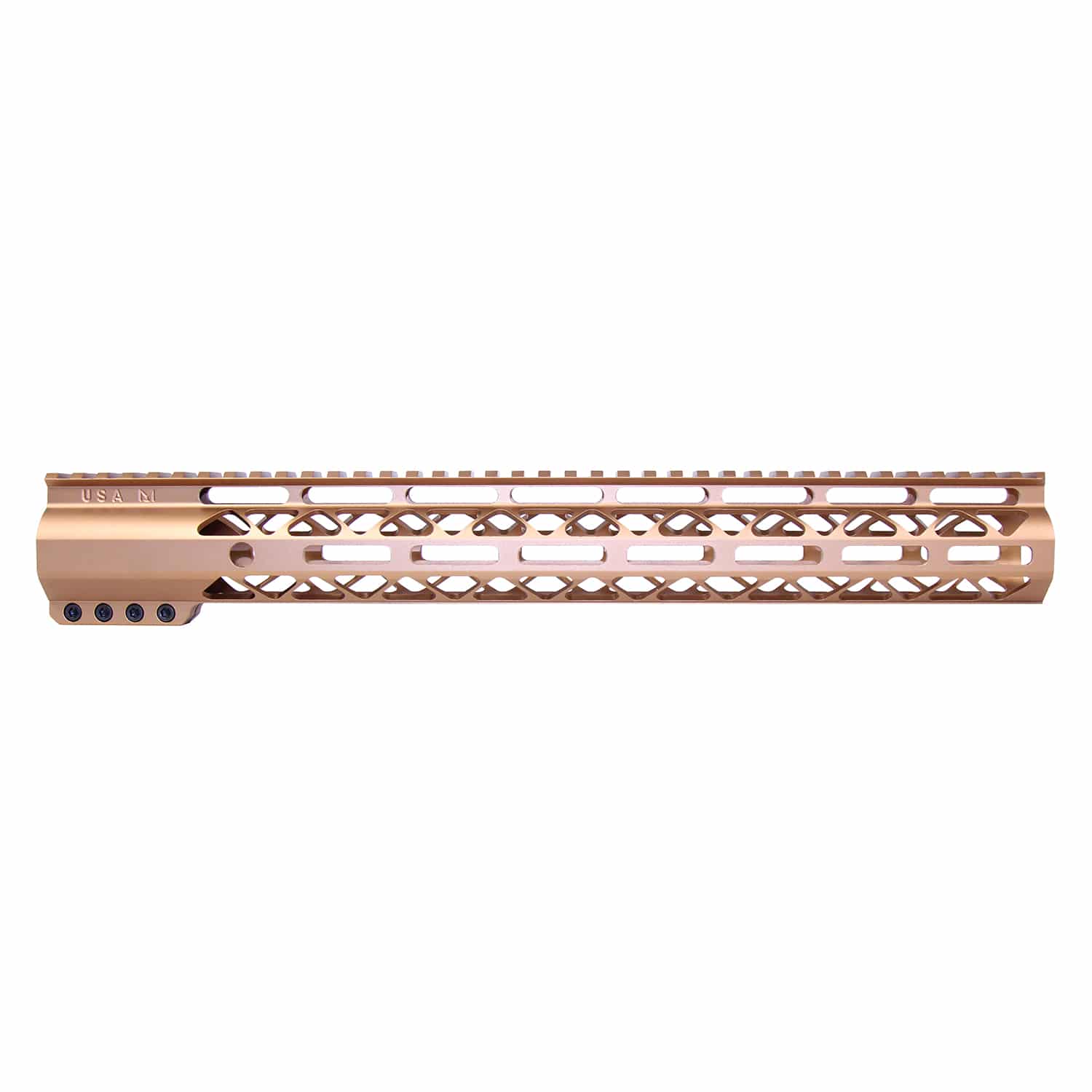 Anodized bronze 15-inch Air-LOK M-LOK handguard with monolithic top rail and skeletonized body.
