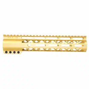 Anodized gold 10 inch AIR-LOK handguard with monolithic top rail and M-LOK slots