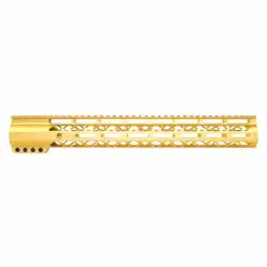 Anodized gold 15-inch Air-LOK M-LOK handguard with monolithic top rail and skeletonized body