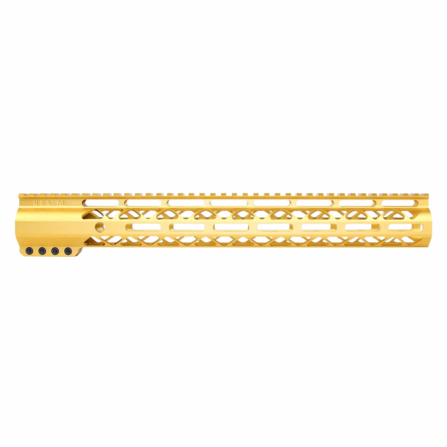 Anodized gold 15-inch Air-LOK M-LOK handguard with monolithic top rail and skeletonized body