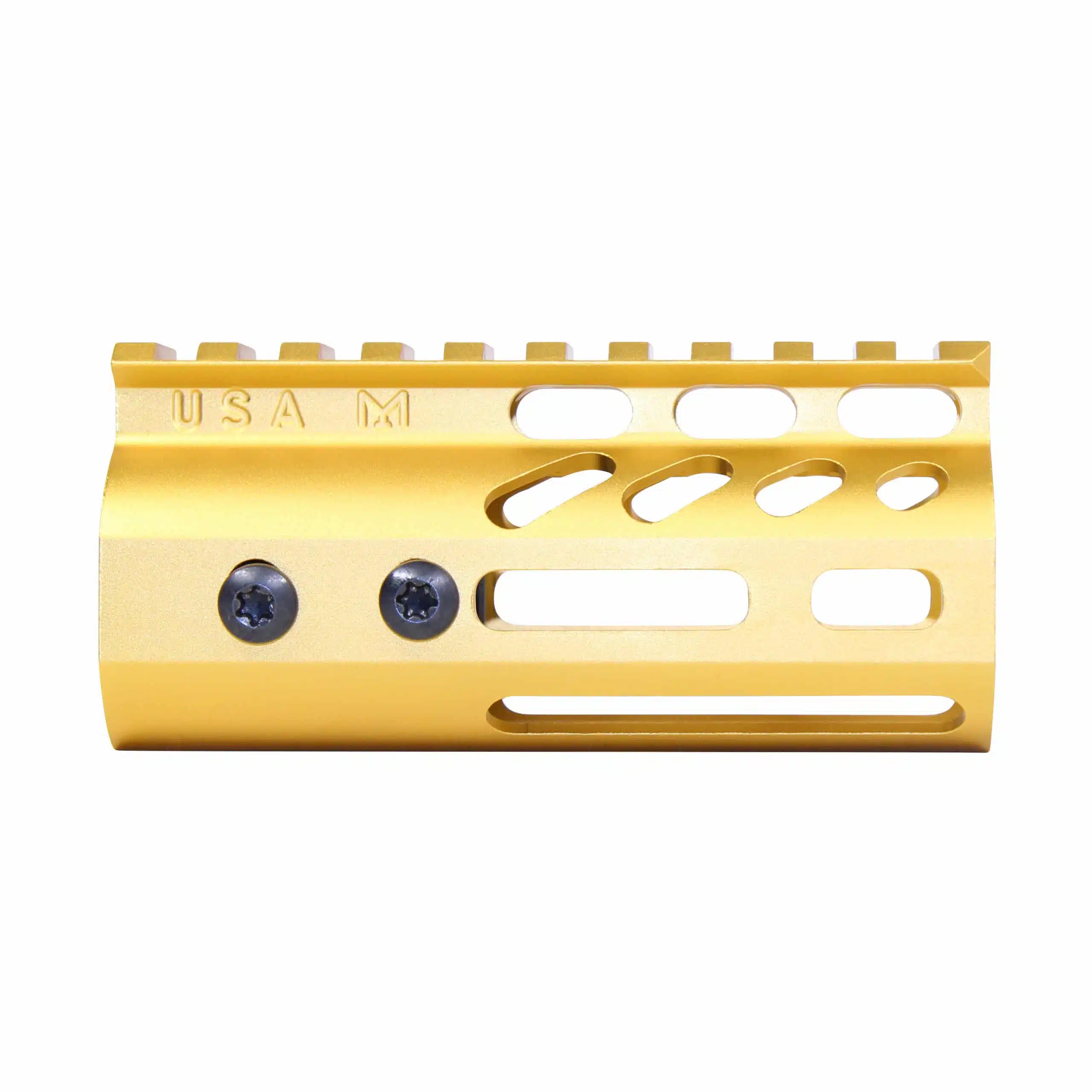 4 inch Anodized Gold M-LOK handguard with monolithic top rail and visible mounting screws