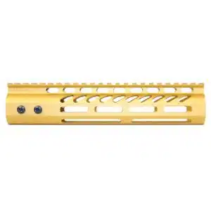 Anodized gold 9-inch M-LOK handguard with monolithic top rail and ventilation cutouts