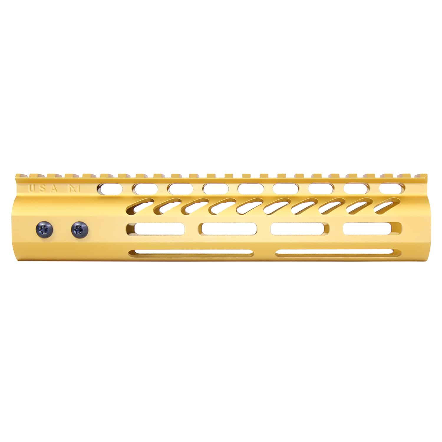 Anodized gold 9-inch M-LOK handguard with monolithic top rail and ventilation cutouts