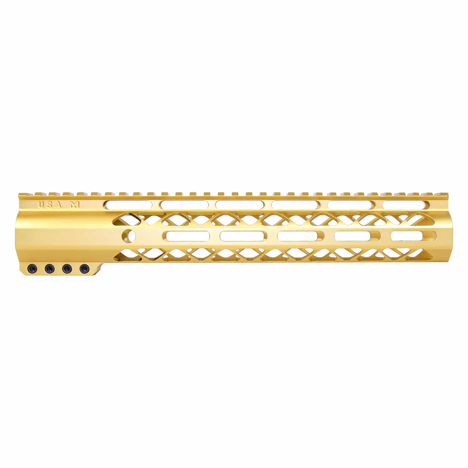 12 inch Anodized Gold AIR-LOK M-LOK handguard with monolithic top rail and skeletonized body