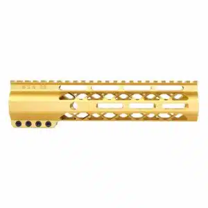 9 inch Anodized Gold M-LOK handguard with monolithic top rail and skeletonized body