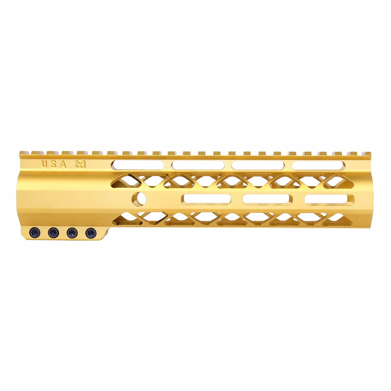9 inch Anodized Gold M-LOK handguard with monolithic top rail and skeletonized body