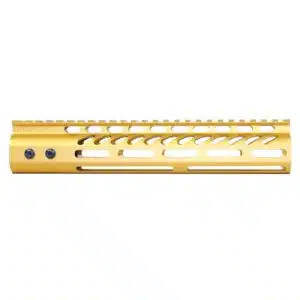 Anodized gold 10-inch M-LOK free floating handguard with monolithic top rail and cutouts