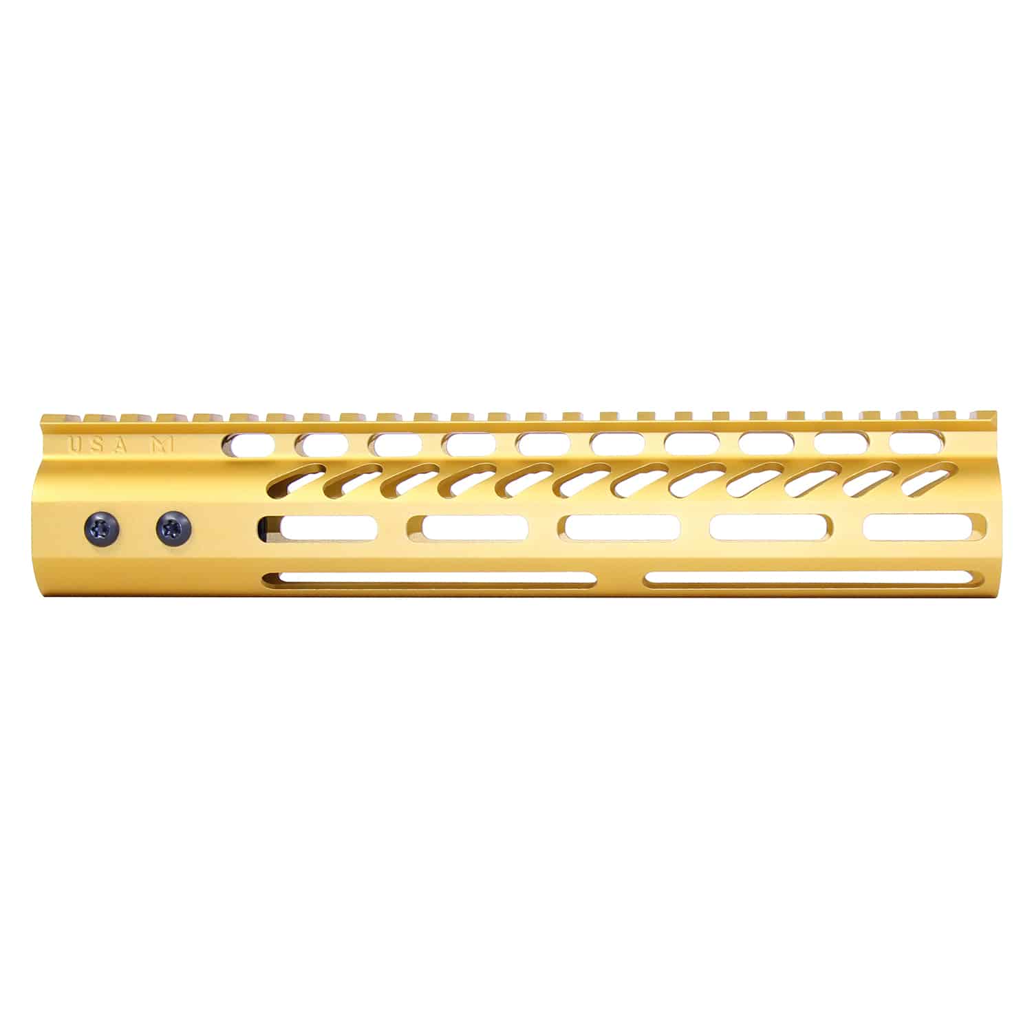 Anodized gold 10-inch M-LOK free floating handguard with monolithic top rail and cutouts