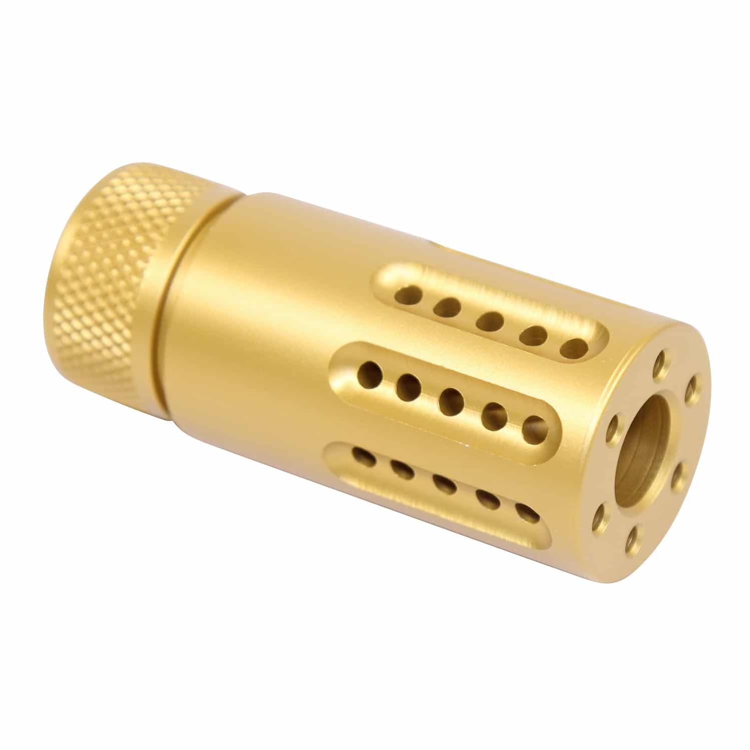 Anodized gold AR-15 Micro slip-on barrel shroud with multi-port muzzle brake, 9mm, 1/2x28 thread