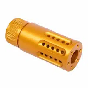Anodized orange AR-15 micro slip over barrel shroud with multi port muzzle brake and knurled grip