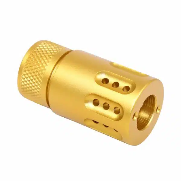 Gold anodized AR .308 muzzle device with knurled grip and ported design for recoil control.