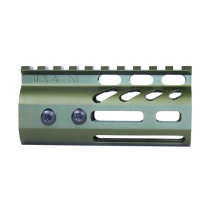 Olive drab green firearm handguard with ventilation cutouts and Picatinny rail for accessories.