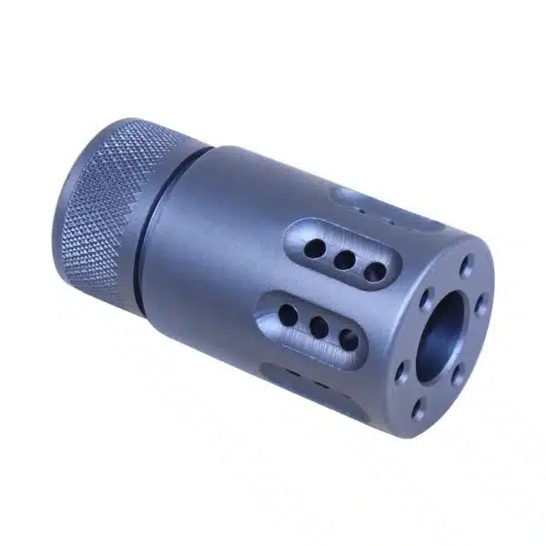 Sleek anodized grey 9MM muzzle brake with ported design for recoil and muzzle climb control.