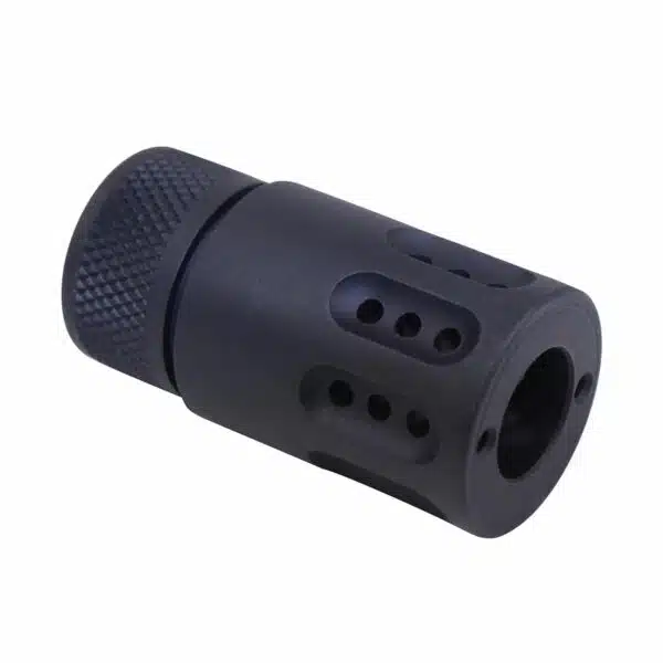Black AR .308 muzzle brake with ports for recoil reduction and improved control.