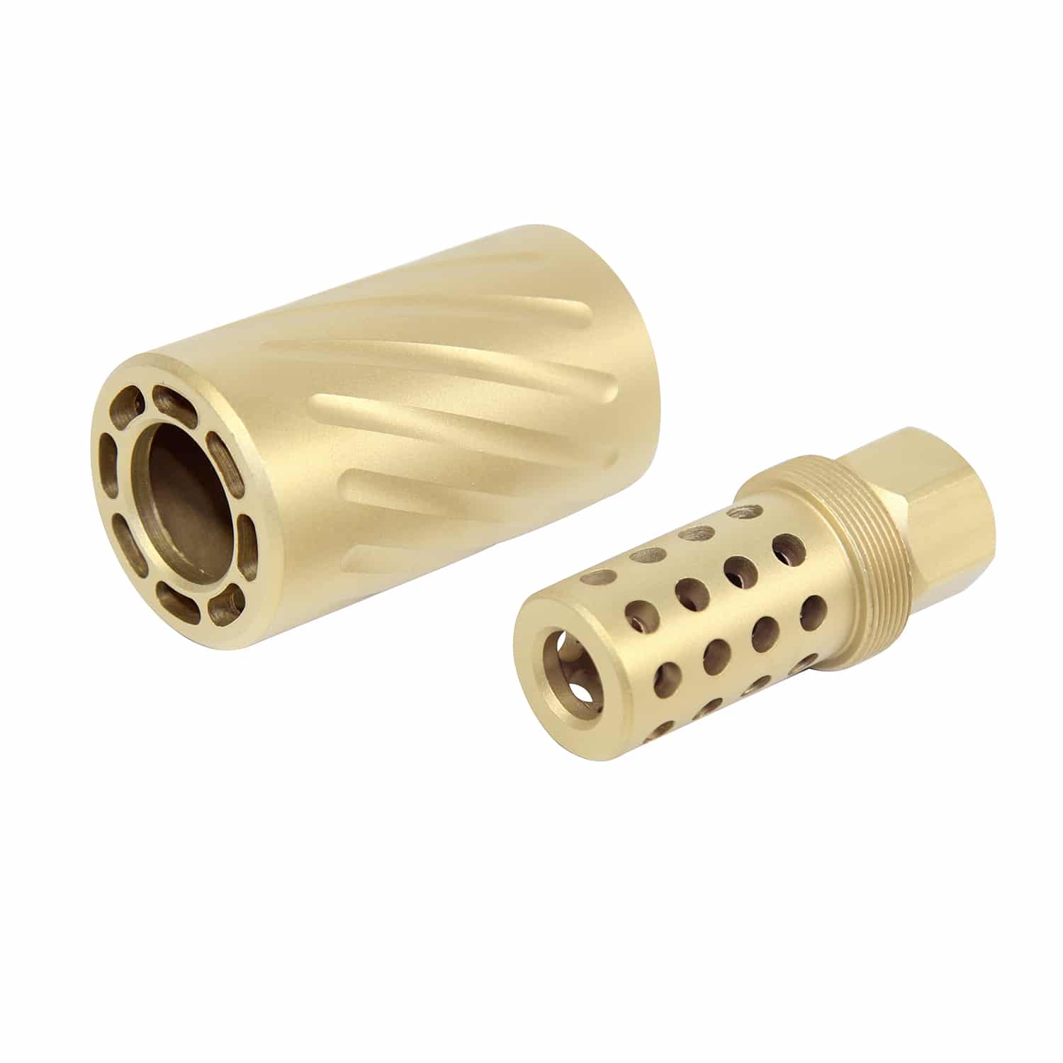 Tin coated AR-15 muzzle brake and QD blast shield with gold titanium nitride finish