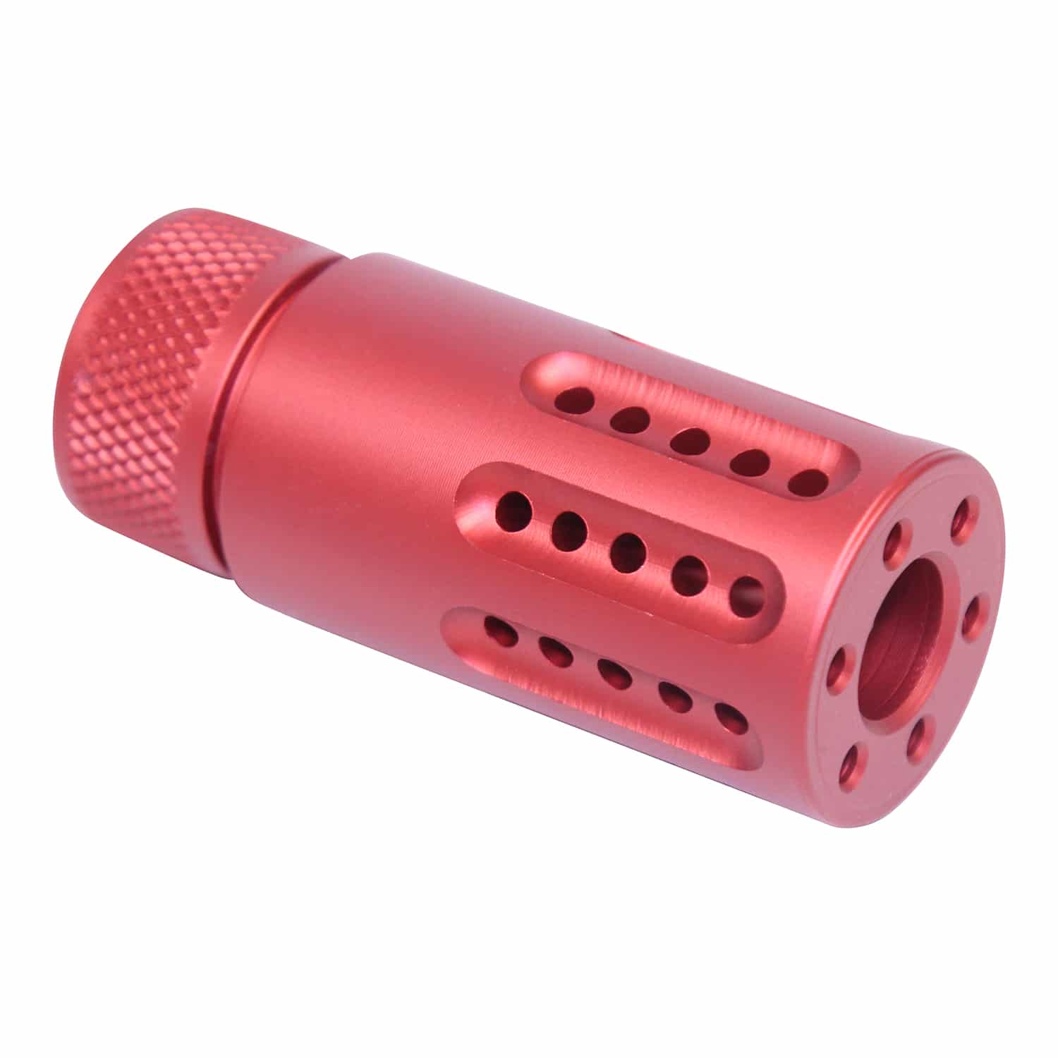 Anodized red AR 9mm mini slip over barrel shroud with multi-port muzzle brake and knurled grip