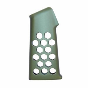 Olive green pistol grip with hex cutouts for tactical firearms, ergonomic and lightweight design.