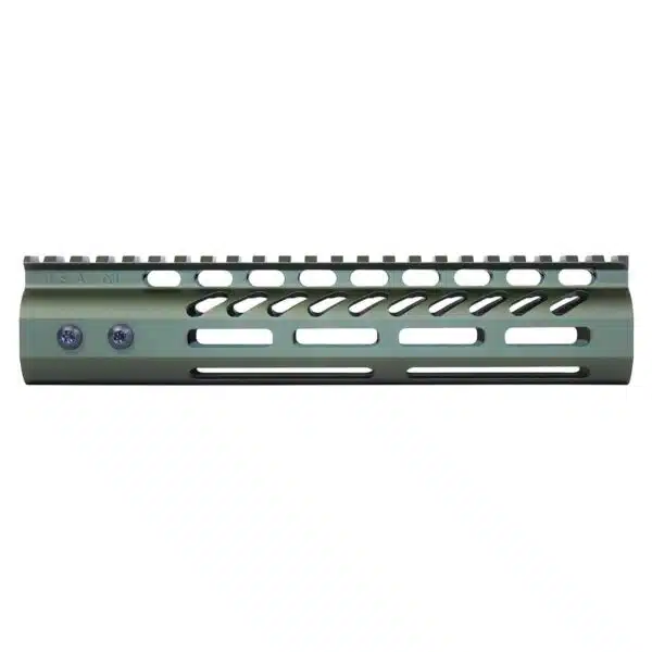 Olive green AR handguard with Picatinny rail for accessories, made from lightweight aluminum.