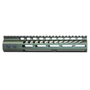 Olive green AR handguard with M-LOK, Picatinny rail, lightweight aluminum for tactical customization.