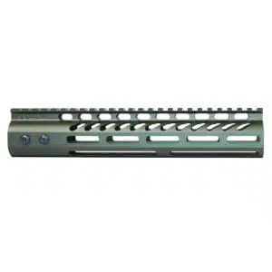 Olive green AR handguard with M-LOK, Picatinny rail, lightweight aluminum for tactical customization.