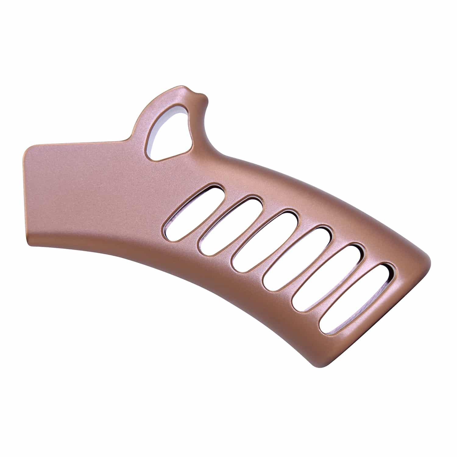 Skeletonized aluminum pistol grip in anodized bronze finish with weight-reducing cutouts
