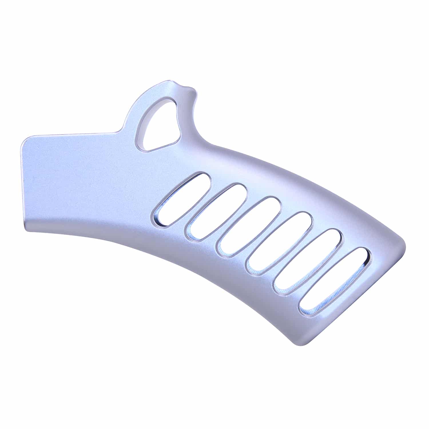 Skeletonized aluminum pistol grip in anodized grey finish with cutouts