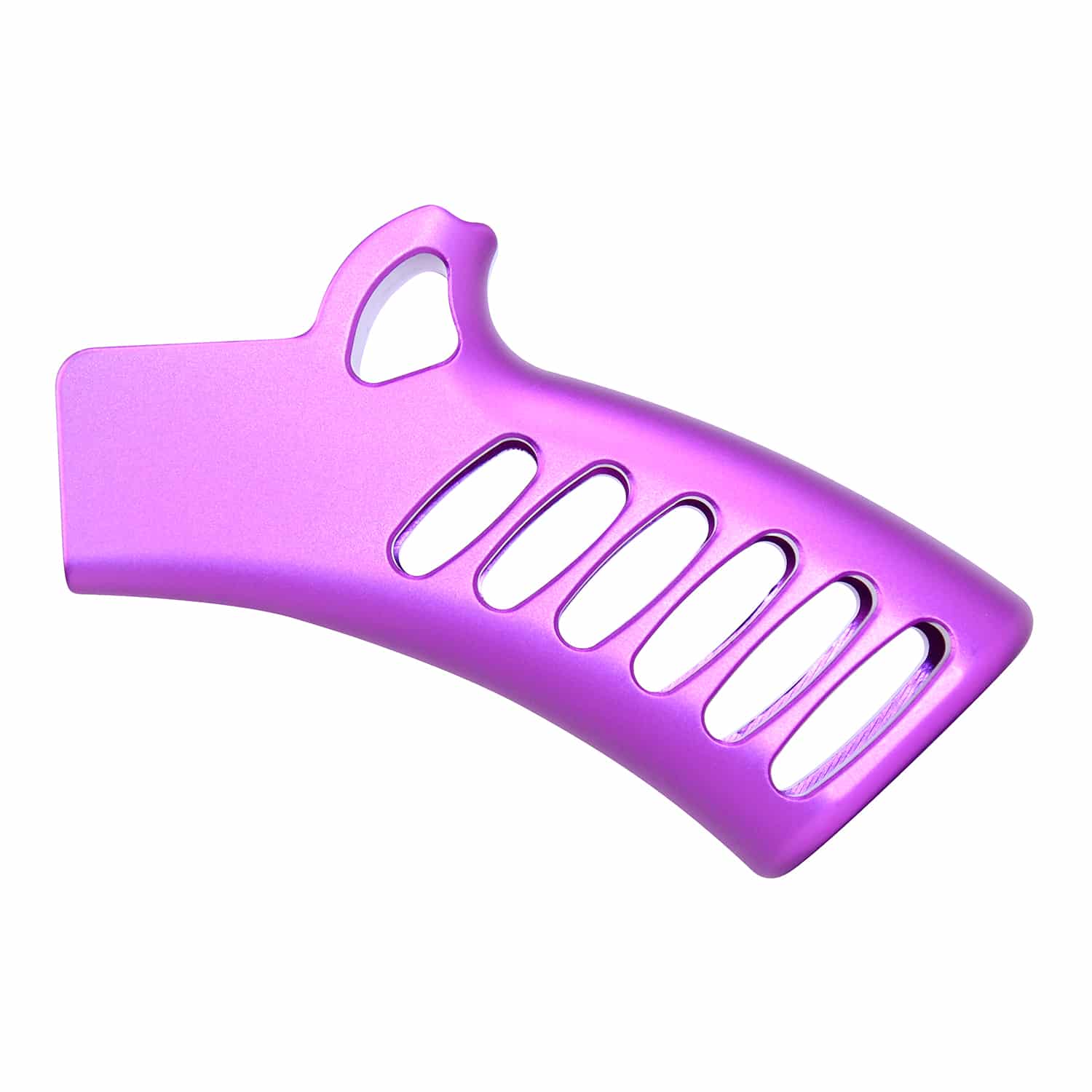 Skeletonized aluminum featureless grip in anodized purple finish with cutouts