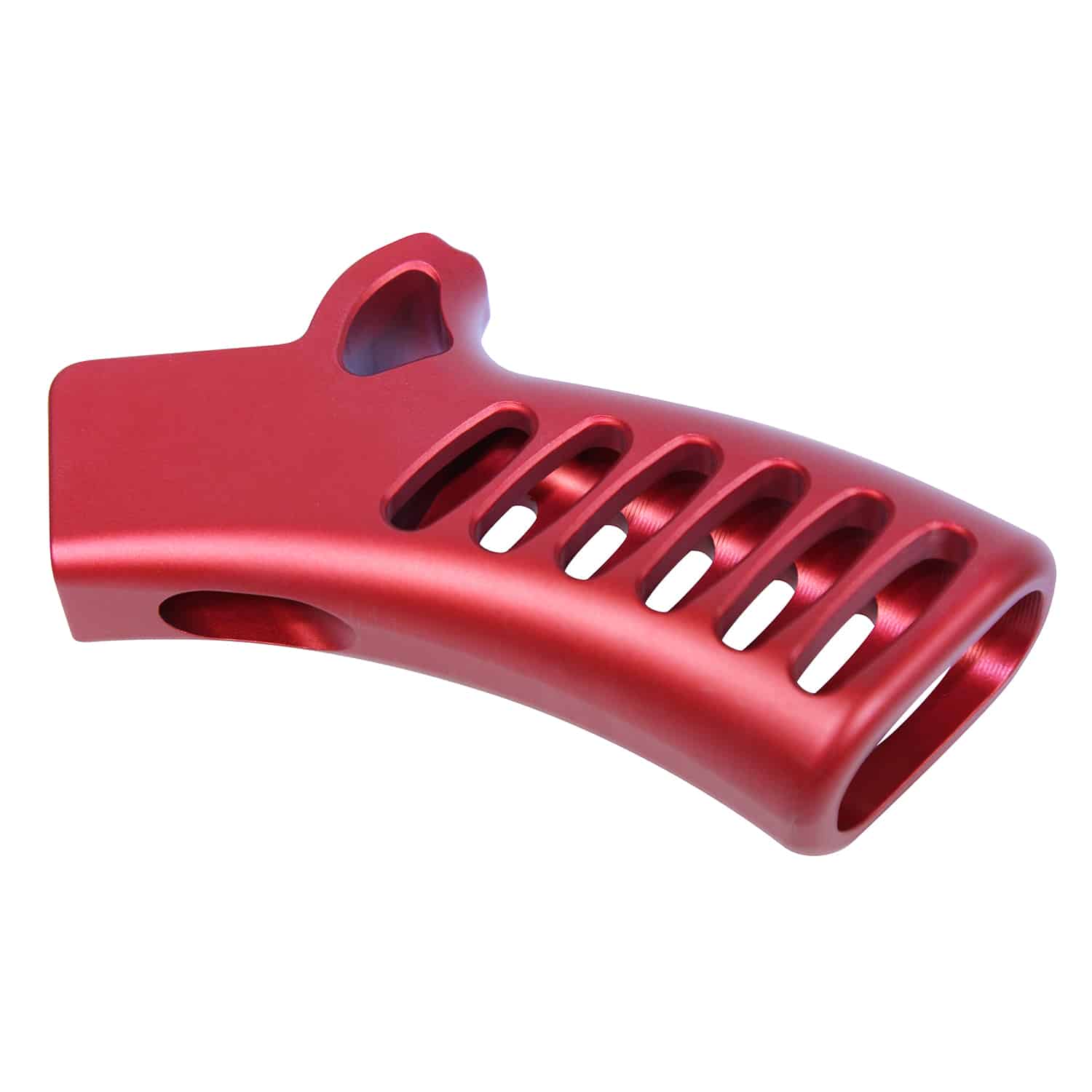 Anodized red skeletonized aluminum featureless grip with cutouts and screw hole