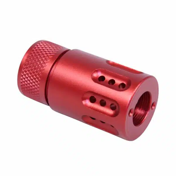 Red anodized AR .308 barrel shroud with knurled grip and ported design for ventilation.