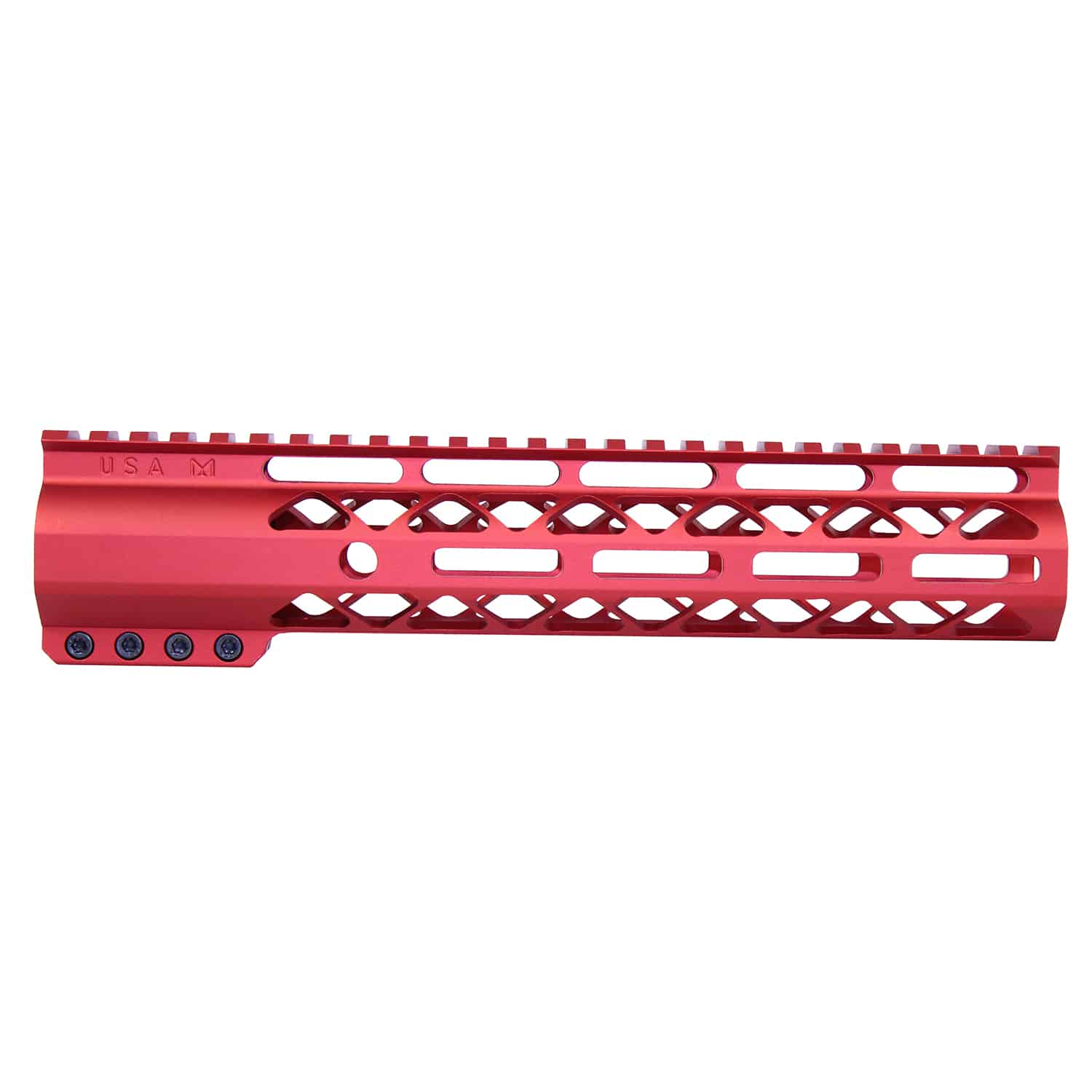 Anodized Red 10 inch AIR-LOK M-LOK handguard with monolithic top rail and skeletonized body