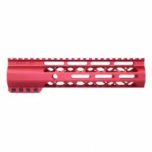 Anodized red 9-inch AIR-LOK handguard with monolithic top rail and skeletonized M-LOK slots