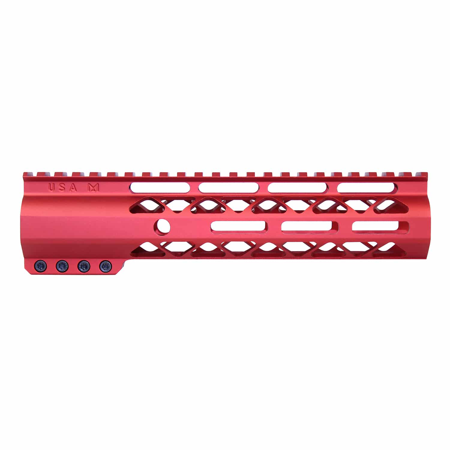 Anodized red 9-inch AIR-LOK handguard with monolithic top rail and skeletonized M-LOK slots