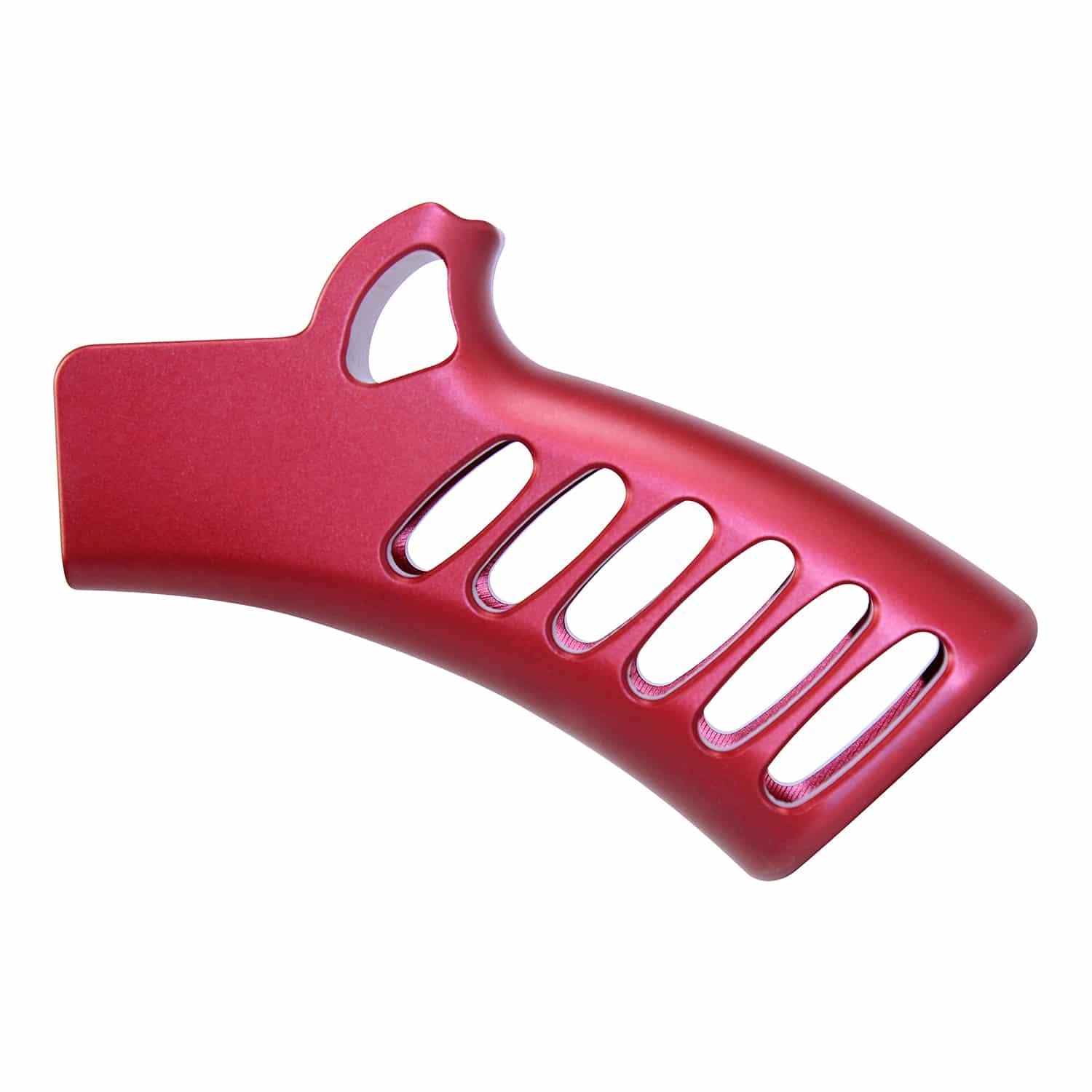 Anodized red skeletonized aluminum pistol grip with multiple cutouts and thumb hole