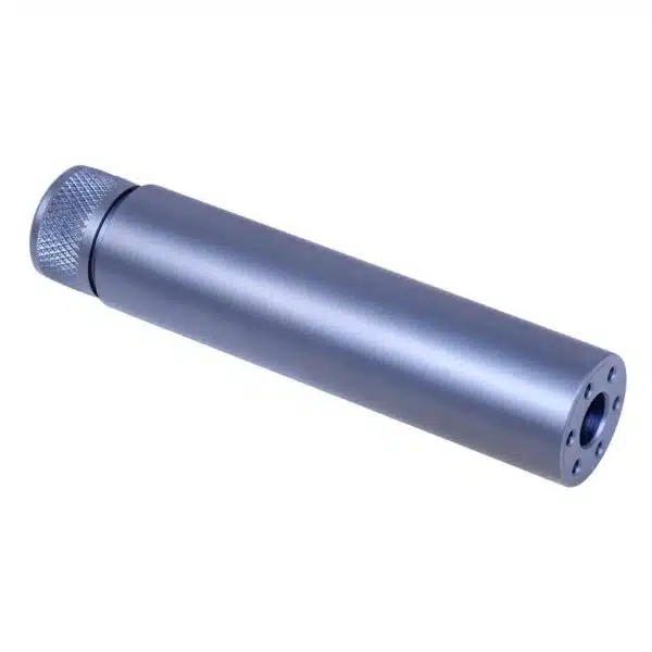 Blue-gray firearm suppressor with knurled grip, designed for noise reduction and smaller firearms.