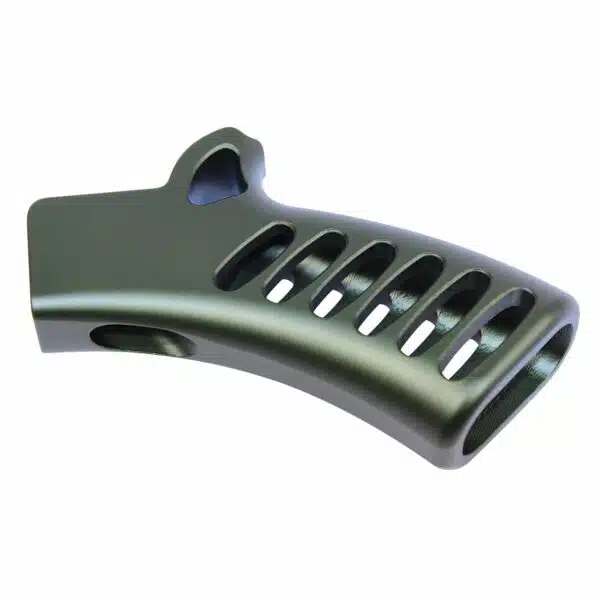 Olive green tactical grip with ventilation slots for ergonomic mounting.