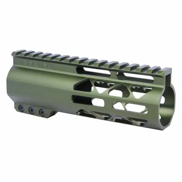 Olive drab tactical handguard with Picatinny rail and M-LOK design for rifle customization.