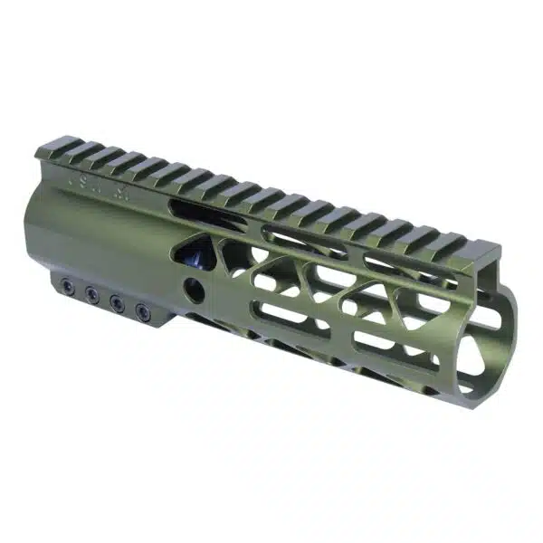 Modern olive drab rifle handguard with Picatinny rail and M-LOK system for accessory mounting.