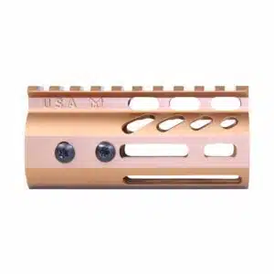 Anodized Bronze 4-inch M-LOK free floating handguard with monolithic top rail and ventilation cutouts.