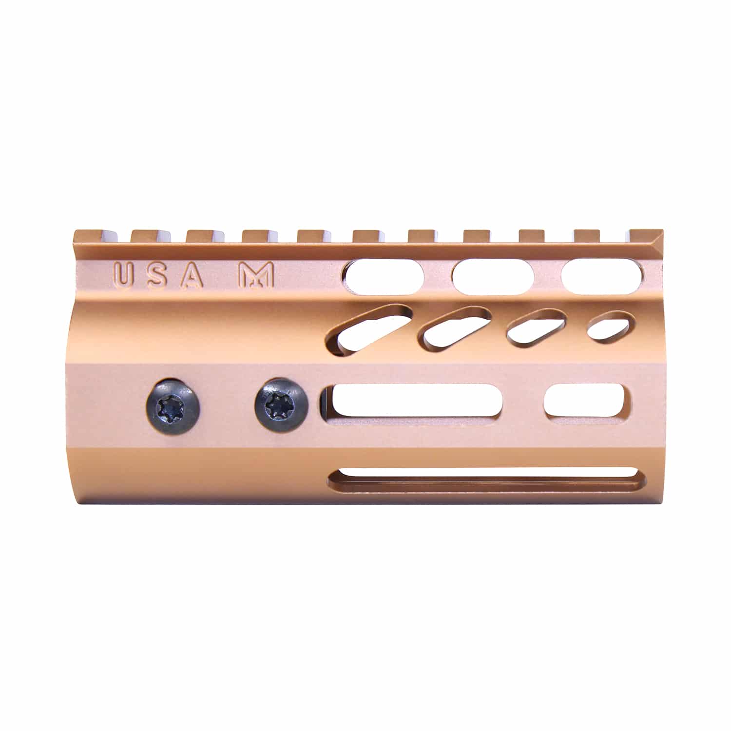 Anodized Bronze 4-inch M-LOK free floating handguard with monolithic top rail and ventilation cutouts.