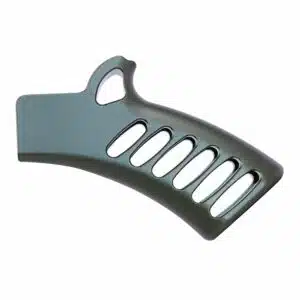 Tactical skeletonized green pistol grip, anodized aluminum, ergonomic design for lightweight firearm customization.
