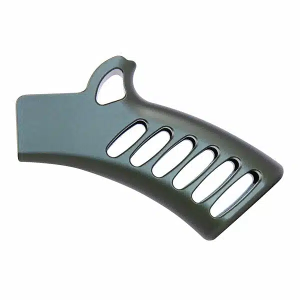 Tactical skeletonized green pistol grip, anodized aluminum, ergonomic design for lightweight firearm customization.