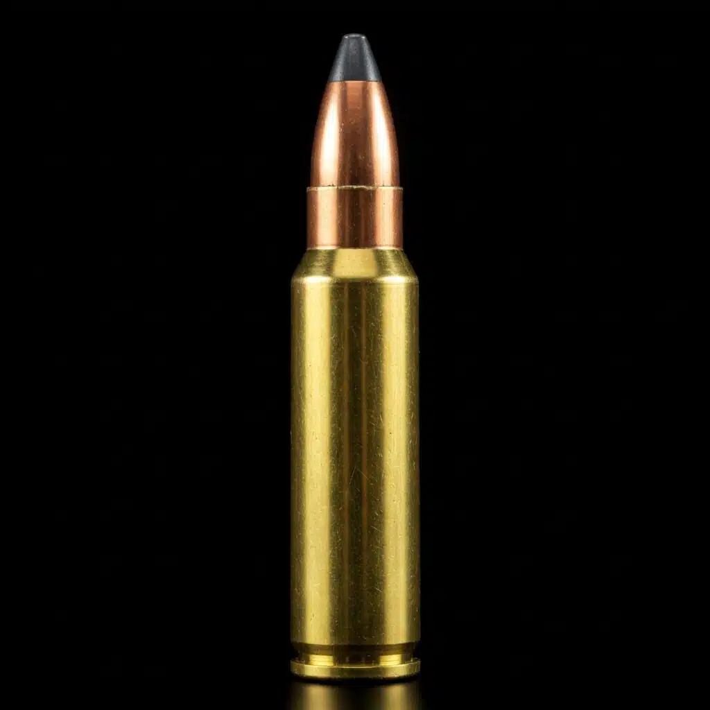 Rifle cartridge with brass casing and copper bullet, featuring a polymer tip for performance.