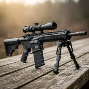 Modern tactical rifle with scope and bipod on a wooden surface in natural lighting.