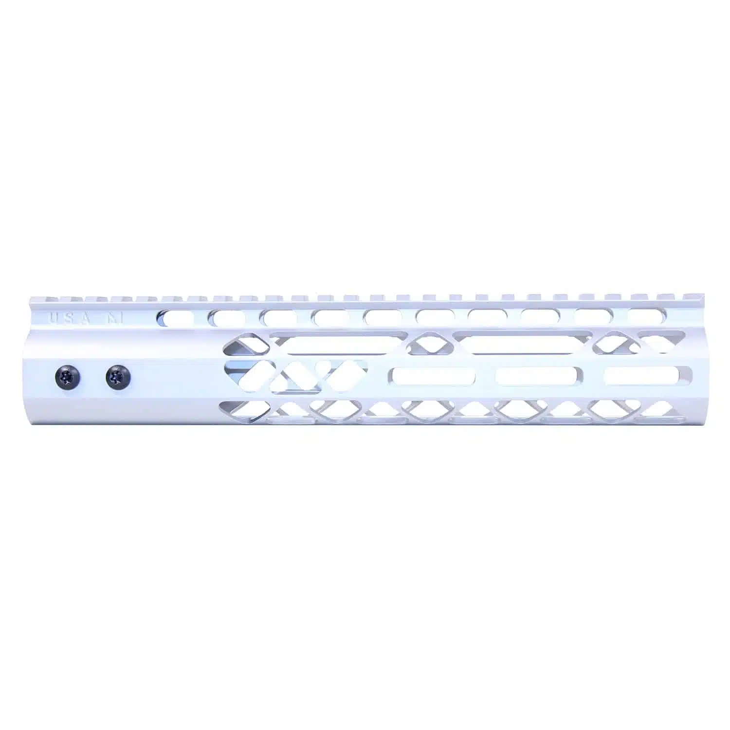 Anodized Clear 10 inch Air Lite M-LOK free floating handguard with monolithic top rail and triangle cutouts