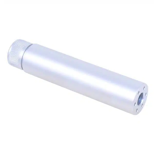 Sleek cylindrical suppressor for AR-15, polished finish, threaded end, ported design, lightweight accessory.