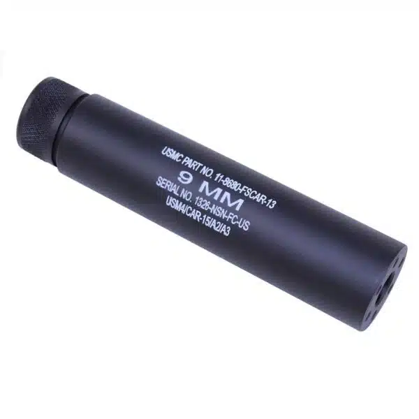 Black 9mm firearm suppressor with anodized finish and threaded attachment, against a white background.