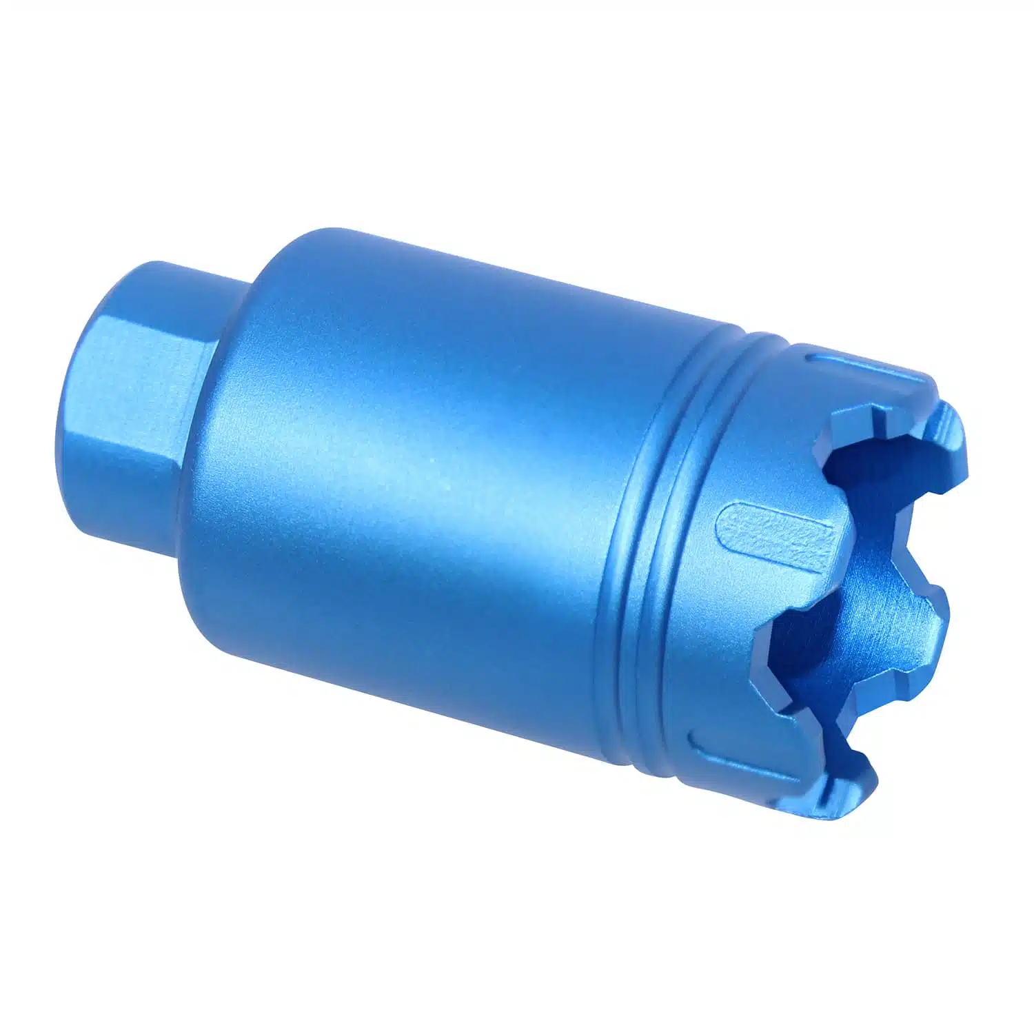 Anodized blue AR-15 Micro Trident flash can with glass breaker, 5.56/.223 cal