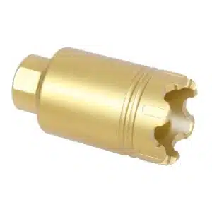 Anodized gold AR-15 Micro Trident flash can with glass breaker, 5.56/.223 cal