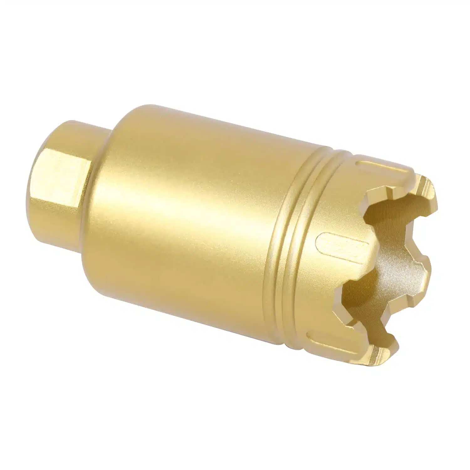 Anodized gold AR-15 Micro Trident flash can with glass breaker, 5.56/.223 cal